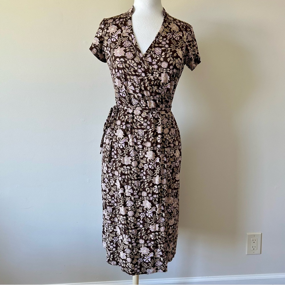Banana Republic Brown and Pink Floral Midi Wrap Dress